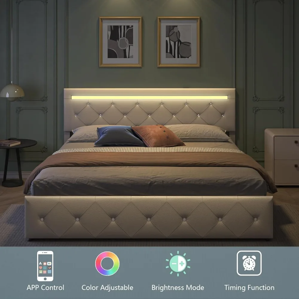 Bed Frame with LED Light and Storage Drawers, Adjustable Headboard with PU Leather Upholstered, 2 Sockets and 2 USB