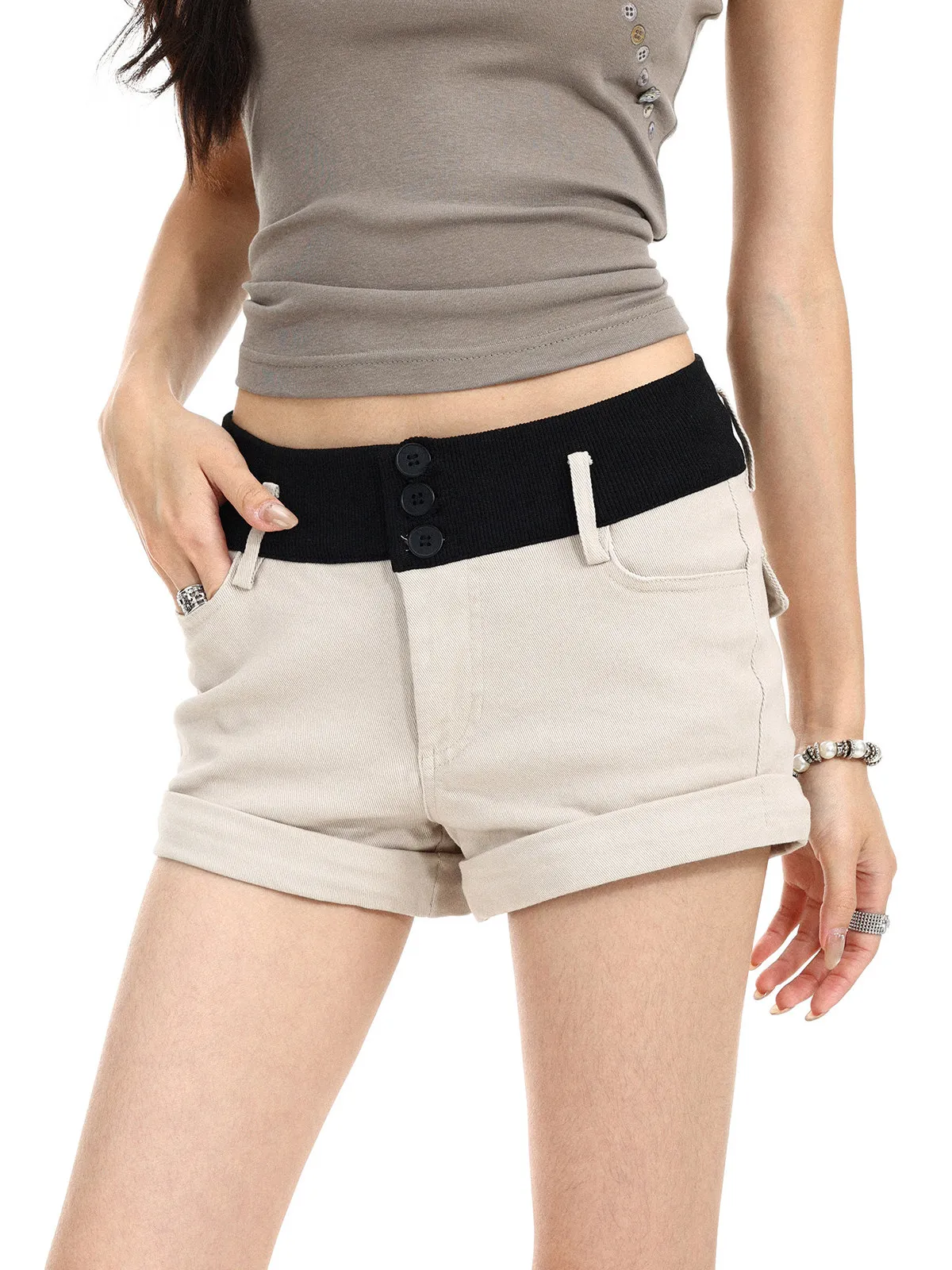 American Style High Waist Color Block Shorts Women's Summer Slimming Small Size Cuffed Button Hot Pants Straight Leg Pants