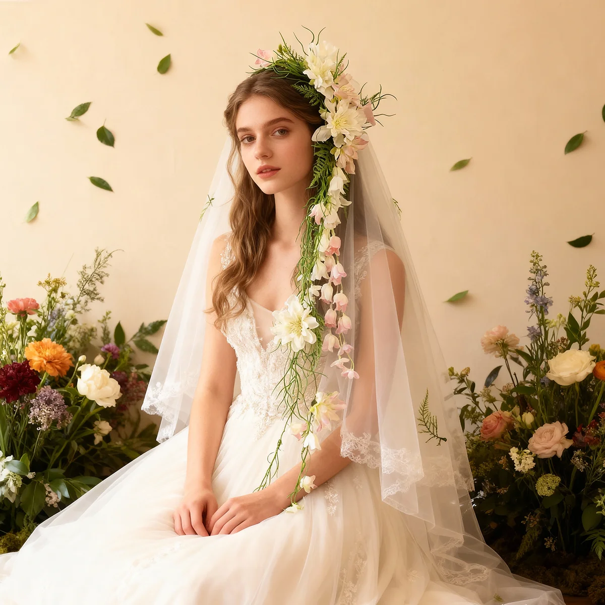 اليدوية الوردي الأبيض زهرة الجرس الاصطناعية زهرة طويلة ورقة العشب شرابة مشبك شعر الزفاف للعرائس إكسسوارات الشعر #1