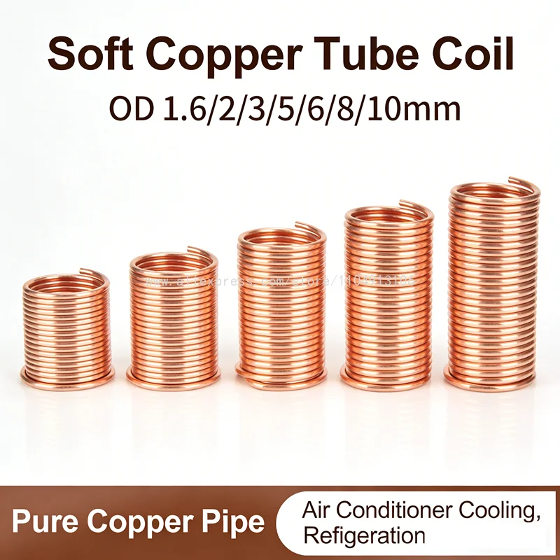 Soft Copper Tube Coil OD 1.6/2/3/5/6/8/10mm Pure Copper Pipe for HVAC Refrigeration System and Handmade Craft
