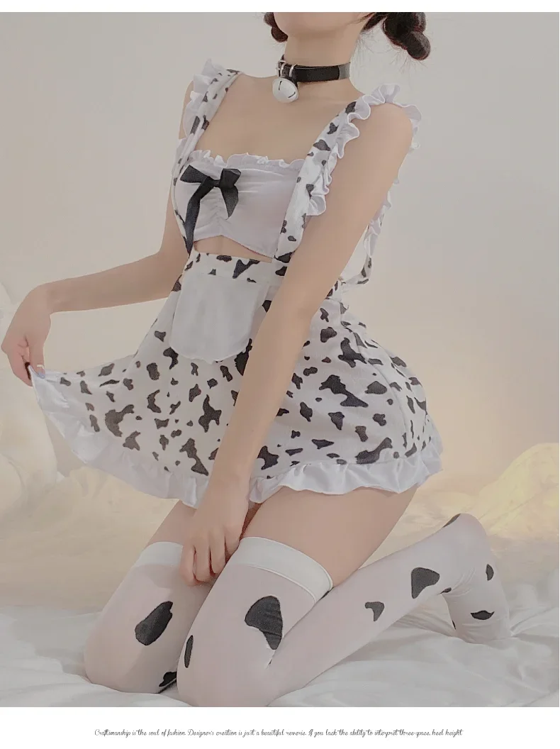 ชุดชั้นในเซ็กซี่โลลิต้าโชว์หลังมีระบายชุดคอสเพลย์วัวสำหรับผู้หญิงพิมพ์ลายเครื่องแบบสาวใช้ญี่ปุ่นชุดชั้นในชุดมินิเดรส