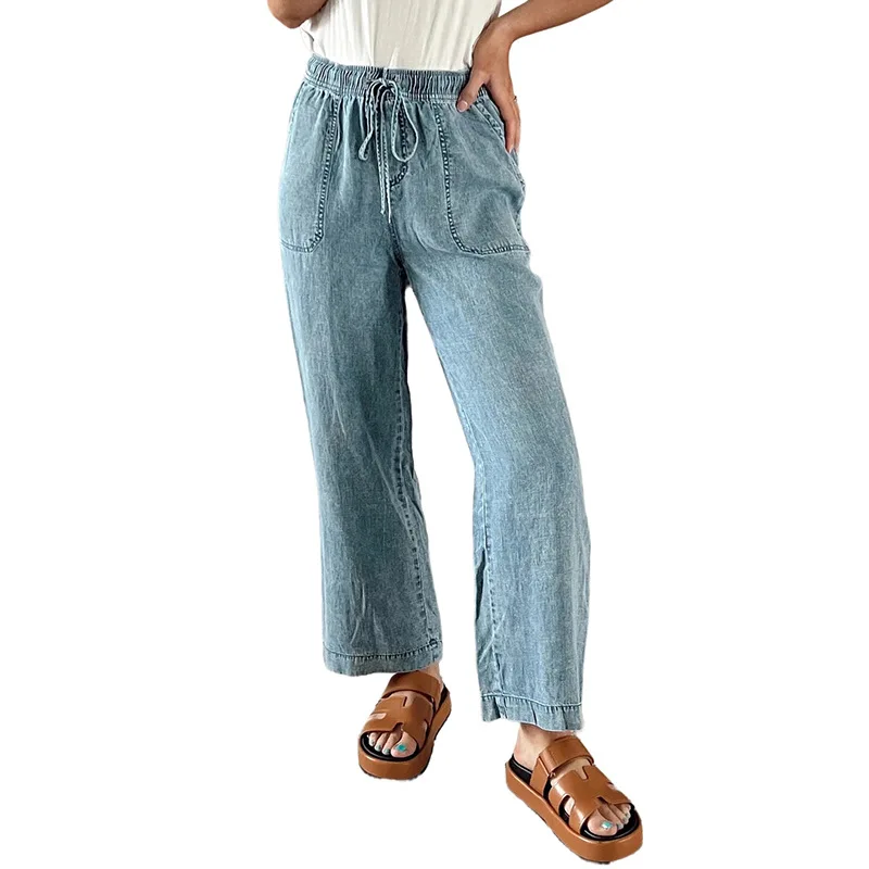ジーンズ女性デニムストレートパンツストリートレースアップ弾性ウエストポケットユーズド加工洗浄ヴィンテージ 2025 足首丈のズボン