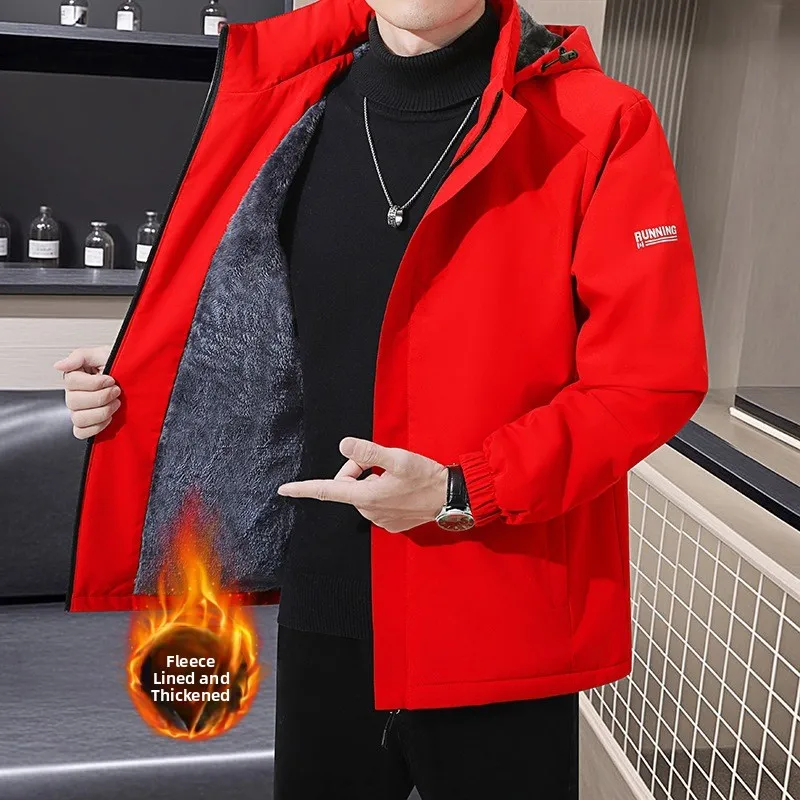 

Men's Winter Thiened Fce Lined Detachable Hooded Jaet Windproof Outdoor Workwear Coat Long Sve Stand Collar Jaet