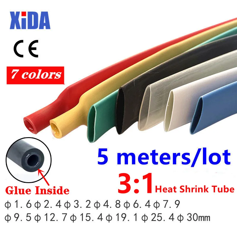 5 m/Lot 3:1 Schrumpfschlauch mit Kleber, Doppelwand-Schlauch, Durchmesser 1,6/2,4/3,2/4,8/6,4/7,9/9,5/12,7 mm, mit Klebstoff ausgekleidete Hüllung – Detail 1