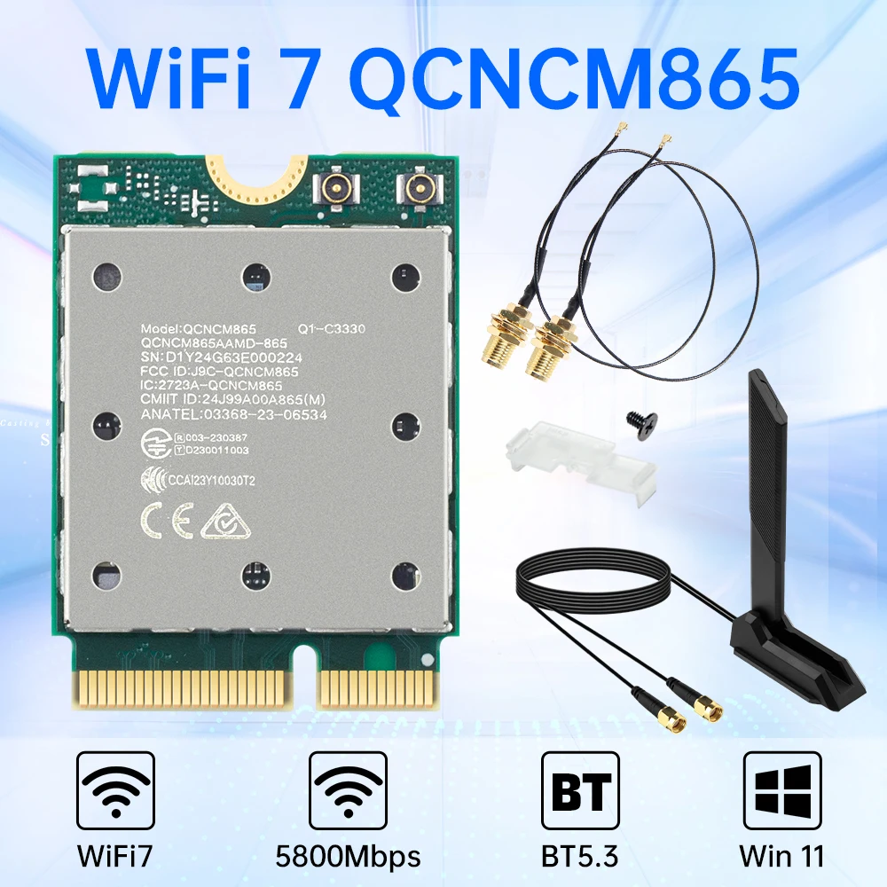 FENVI WiFi 7 QCNCM865 Bluetooth 5.3 Draadloze netwerkkaart Tri-Band 2,4G/5G/6GHz Max tot 5,8 Gbps M.2-sleutel E WiFi-adapter