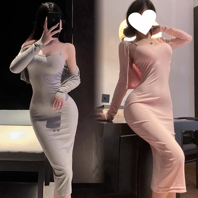 Abito lungo sottile sexy Top T Shirt Tinta unita Nuovi abiti in due pezzi Abito aderente con scollo basso Elegante desiderio puro Stile coreano