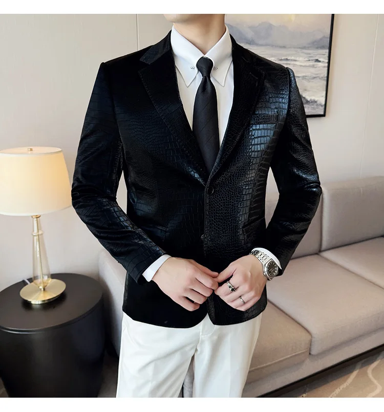 Stage Man Jacket Crocodile Pattern High Quality Korean Style Slim Fit Pu Leather Suit Coat Business Casual Men's Slim Blazer