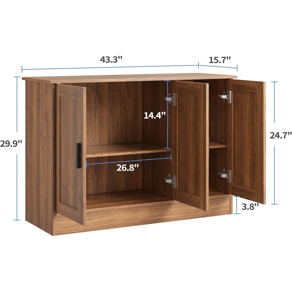 43.3”W Brown 3 Door Buffet Cabinet, Coffee Bar with Adjustable Shelf, Kitchen Sideboard for Living Room, Kitchen