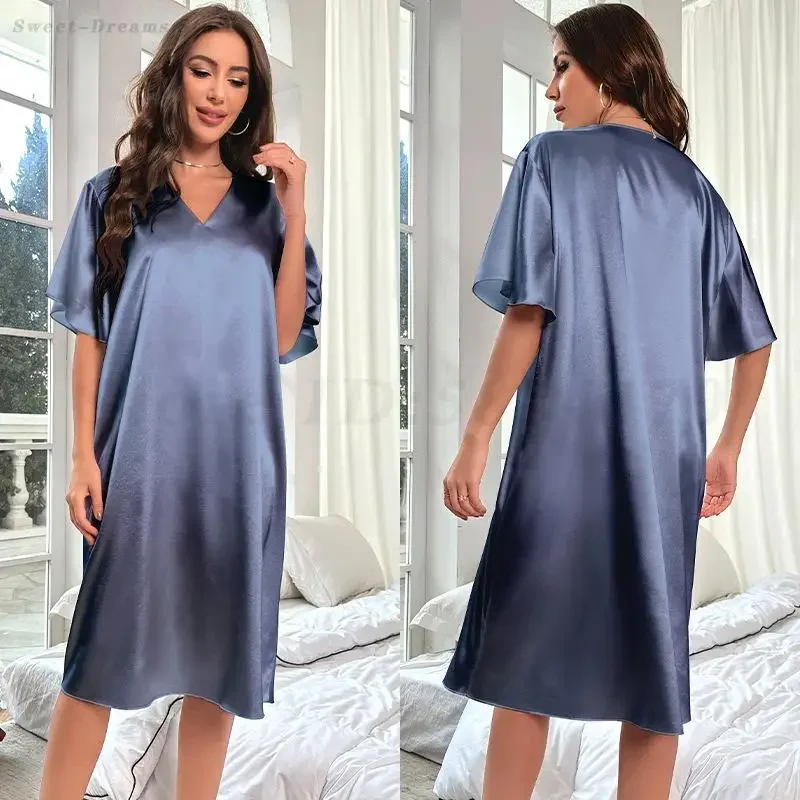 Sexy Deep V-Neck Nightgown Women's Navy Blue Home Dress Oversized Loose Casual Sleepwear Silk Satin Chemise Nightdress Nightwear