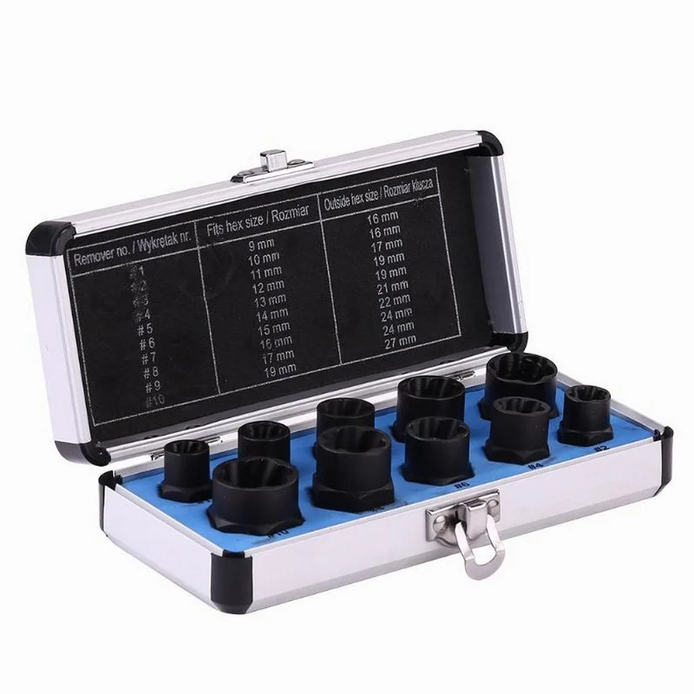 

10PCS/Lot Damaged Bolt Nut Screw Remover Extractor Removal Set Threading Tools Kit for 9mm To 19mm Head Nuts Extractor Set