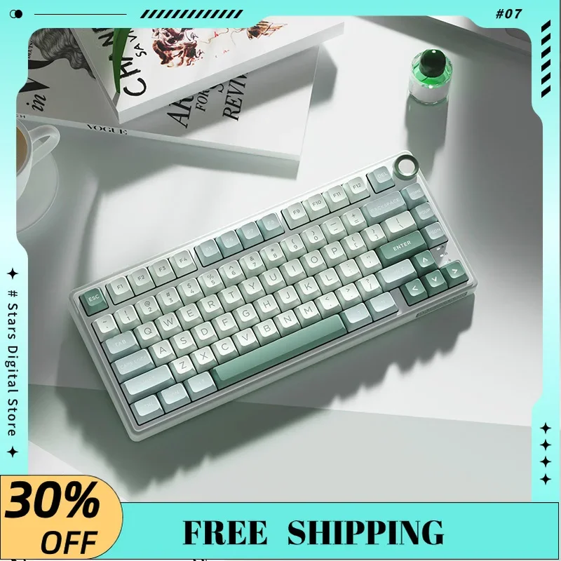 

RK R75 Wireless Mechanical Keyboard with Metal Knob Three-mode Ergonomic 81-key Gasket Structure Hot Swap PBT Keycaps Keyboard