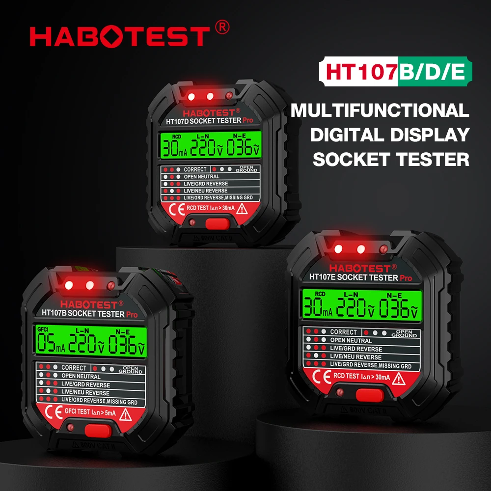 HABOTEST HT107 Digital Socket Tester Voltage 30mA RCD Test Smart Detector EU US UK Plug Ground Zero Line Polarity Phase Check