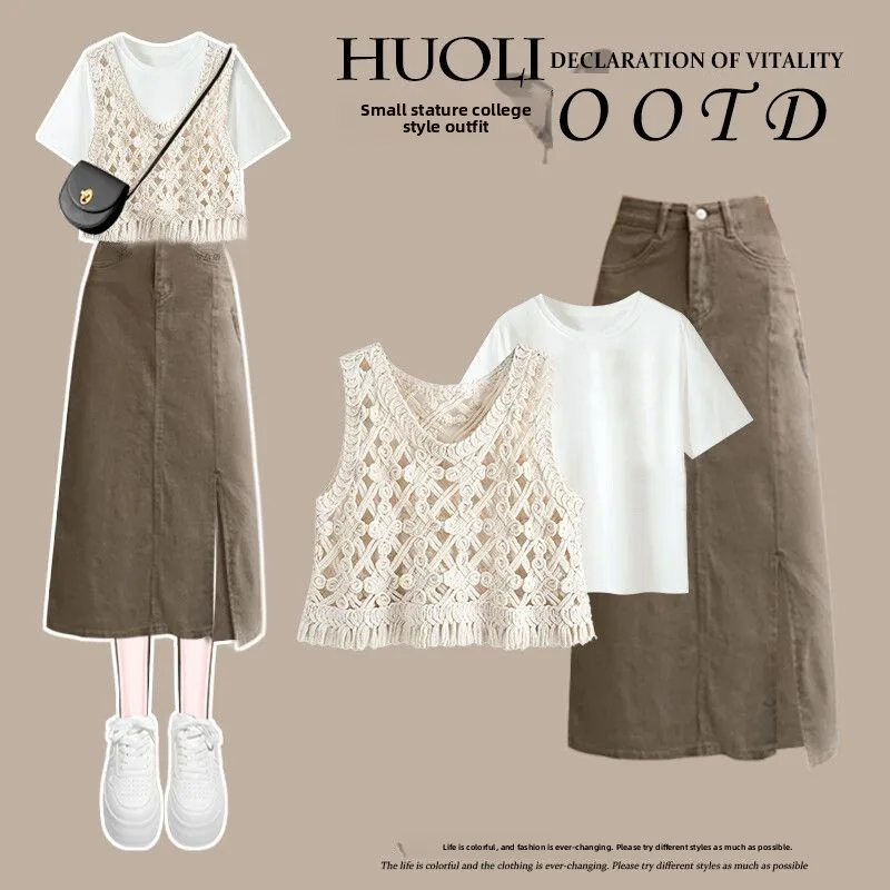 

Plus Size Summer Outfit 2024 New plus Size Hollow out Vest ort Sve Denim Skirt Two Piece Set for plus Size Women