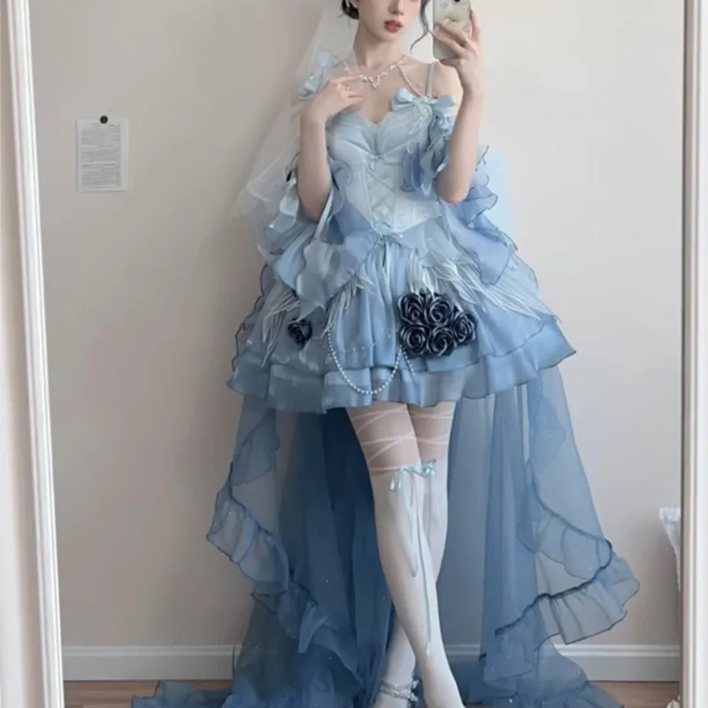 

New Christmas robe sea blue rose married adult trailing pompadour skirt