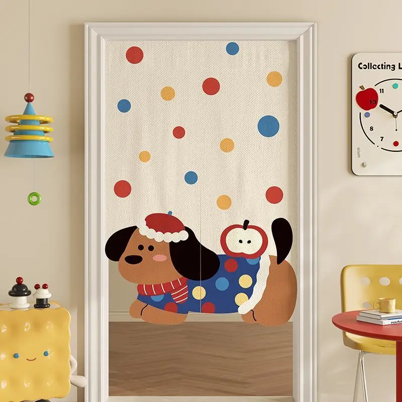 Christmas Polka Dot Puppy Door Curtain, Cute Sausage Dog, Apple Cartoon, No Punching Entrance Bedroom Privacy Partition Curtain