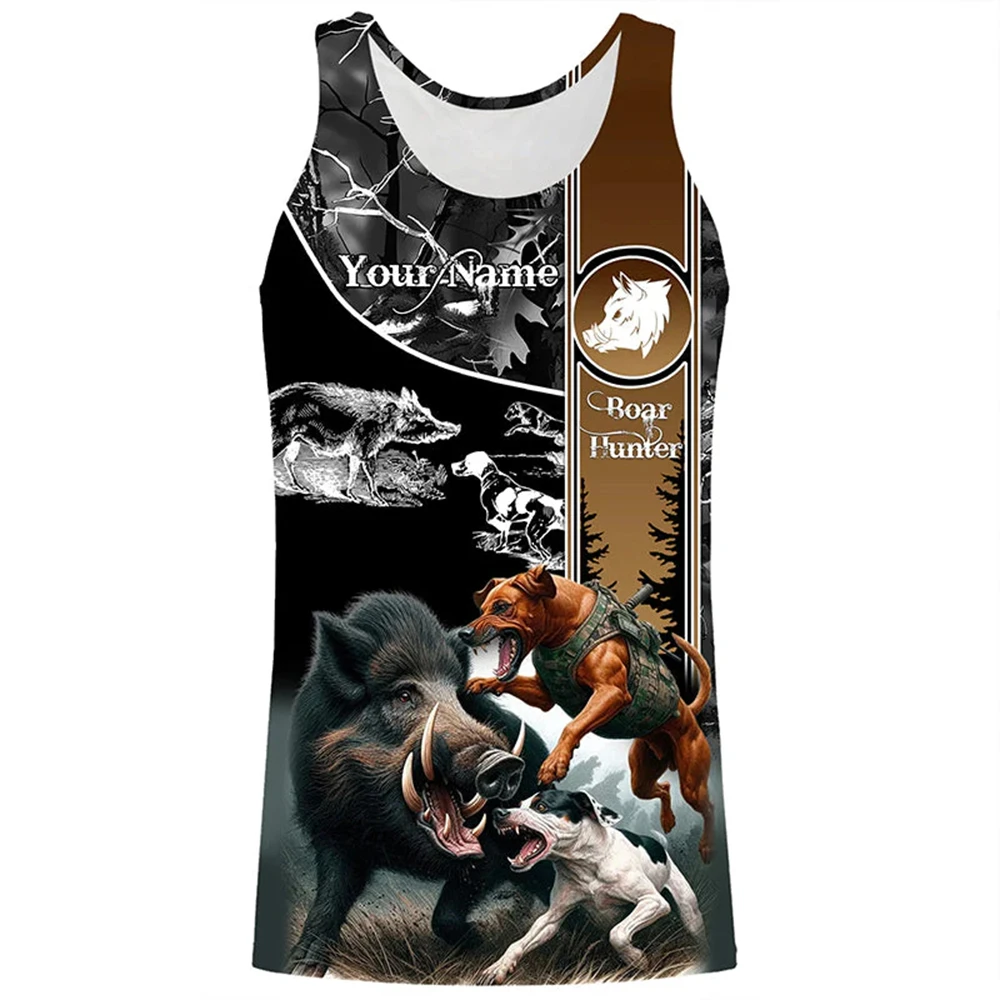 Custom Name Boar Hunter Tank Top 3D Print Sleeveless Shirts For Men Wild Hog Hunting With Dogs Personalized Outdoor Sports Tees