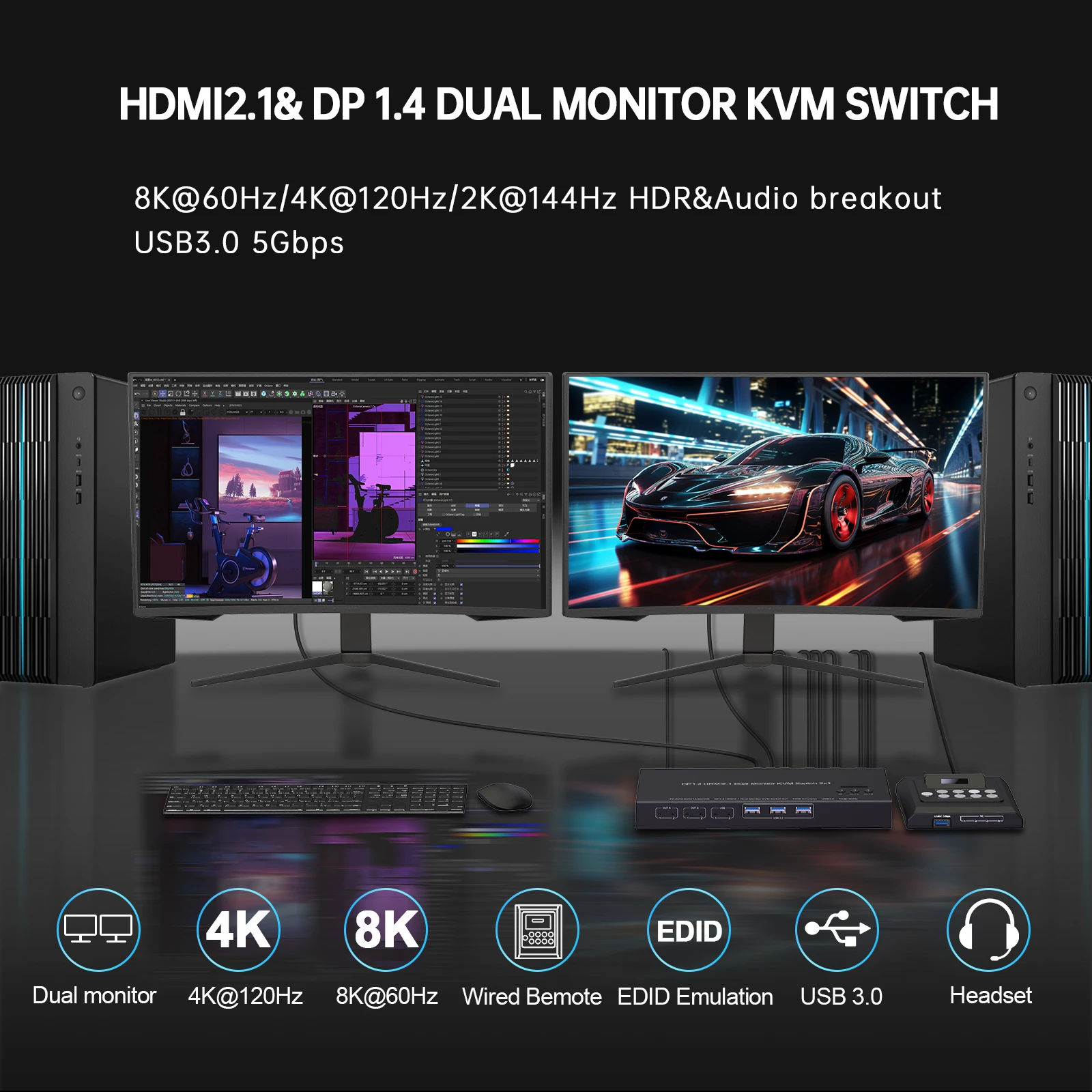 Dual Monitor KVM Switch HDMI 2.1 DP 1.4 2x1 USB 3.0 8K60Hz 4K120Hz for 2 Computers 1 Monitor