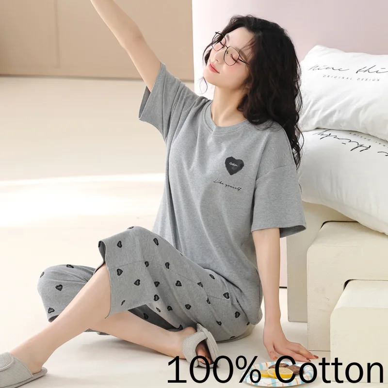 

100% Cotton Women's Spring Summer Loose Pajamas Set with Chest Pad Homewear Pjs Two-piece Pyjama Short-sleeved Pants Sleepwear