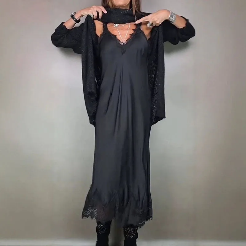 Casual Long Sleeve Commuting Outfit Lady O-neck Sweater with Lace Camisole Dress Two Piece Set Autumn Vintage Solid Knitted Suit