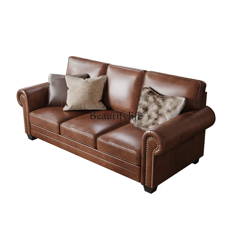 04American country leather sofa set combination solid wood size apartment living room