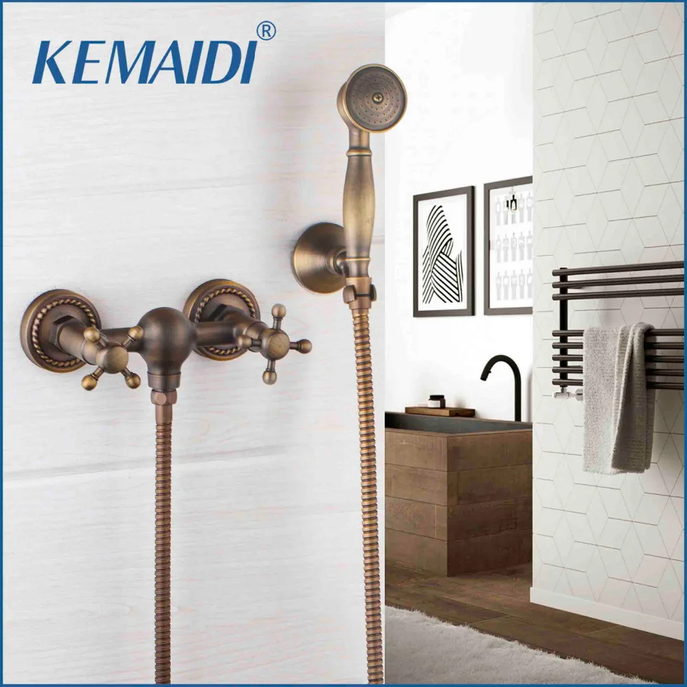 KEMAIDI Bathroom Bath Wall Mounted Hand Held Antique Brass Shower Head Kit Shower Faucet Sets Antique Brass Shower Mixer Tap