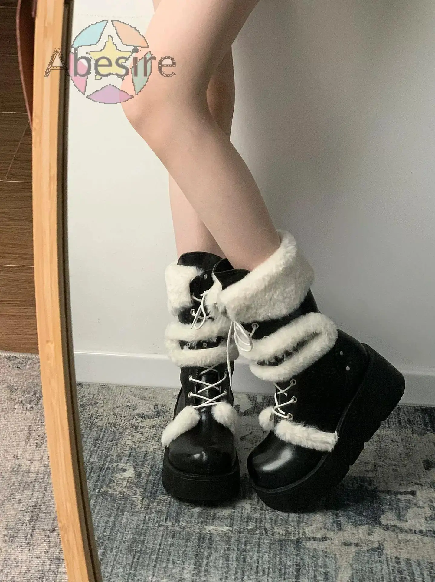 Furry Snow Boots for Women 2024 Autumn Winter New Lovely Thick Soled Round Toe Mid-Calf Boots Side Zip Cross Strap Hot Girl