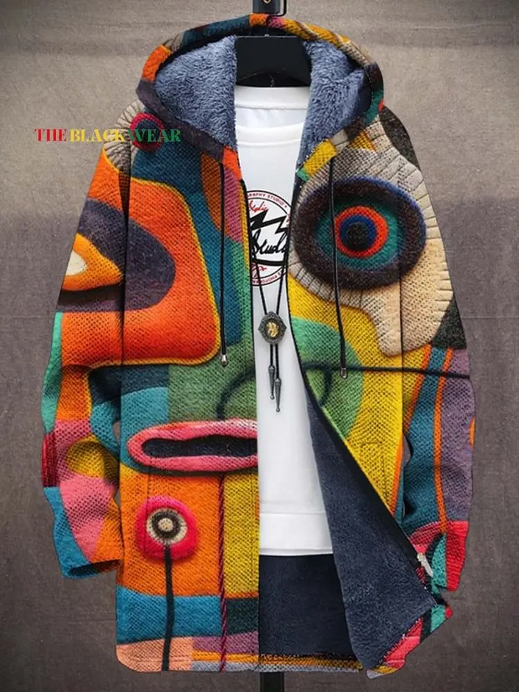 

Vintage African Art Colorful Abstract Three-dimensional Geometric Mask Men's Plush Thick Long-Sleeved Sweater Cardigan Coat
