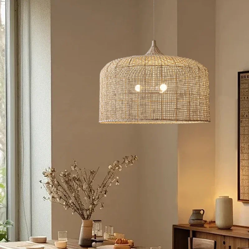 SANDYHA Japanese Retro Rattan Pendant Lights Restaurant Chandelier for Living Room Dining Table Lighting Fixture Home Decoration