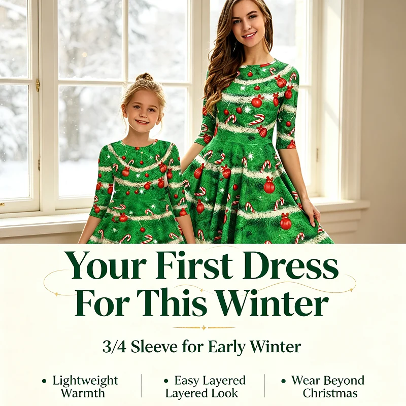 Vintage Christmas Plaid Print A-Line Midi Dress Girls 3/4 Sleeve Winter Holiday Party New Year Family Gathering Clothing Gift