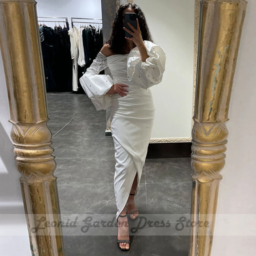 Black Mermaid Strapless Evening Dresses for Women Puffy Short Sleeve Customized Pearls Side Split Wedding Guest Gowns 2023