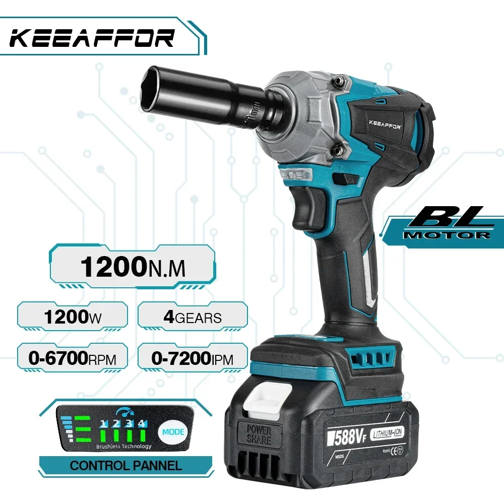 

KeeAffor 1200N.M Brushless Electric Impact Wrench 1/2Inch Cordless Electric Wrench Screwdriver Power Tool For Makita 18V Battery