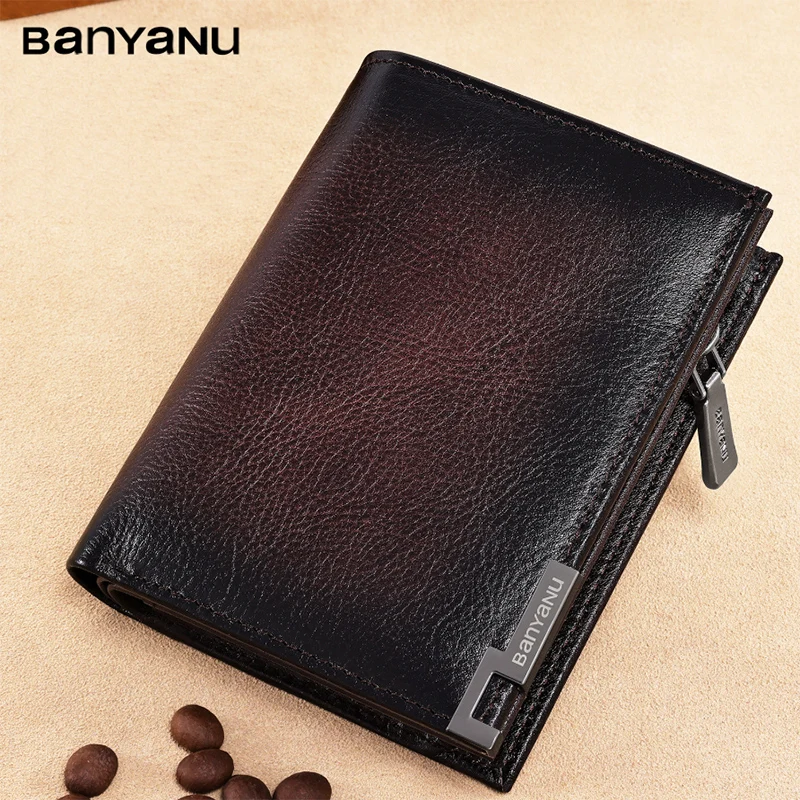 BANYANU Men's Genuine Leather Wallet RFID Anti-theft Top Layer Cowhide Zipper Card Holder Wallet Multifunctional Money Clips