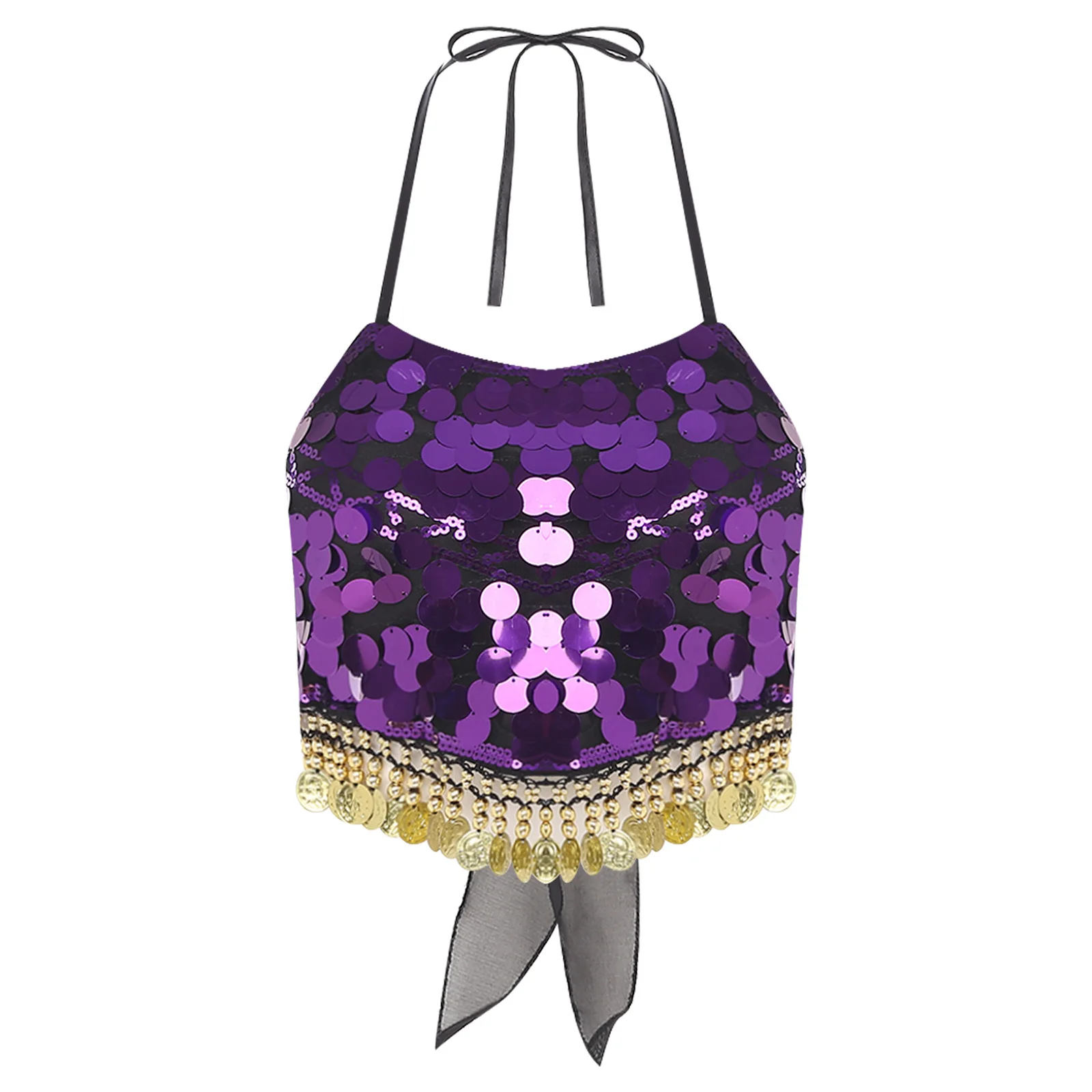 

Womens Belly Dance Costume Halter Backless Sparkly Sequin Fringe Lace-up Bra Top Lyrical Gymnastics Crop Tops Belly Dancewear