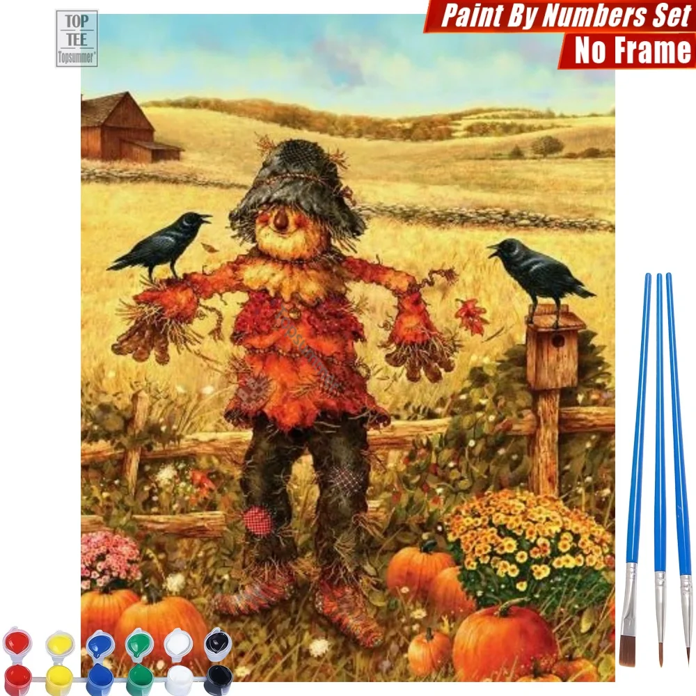 

Pumpkin Scarecrow Crows DIY Painting By Numbers Set - Farmhouse Hills Backdrop Canvas Wall Art Thanksgiving Gift For Fall Lover