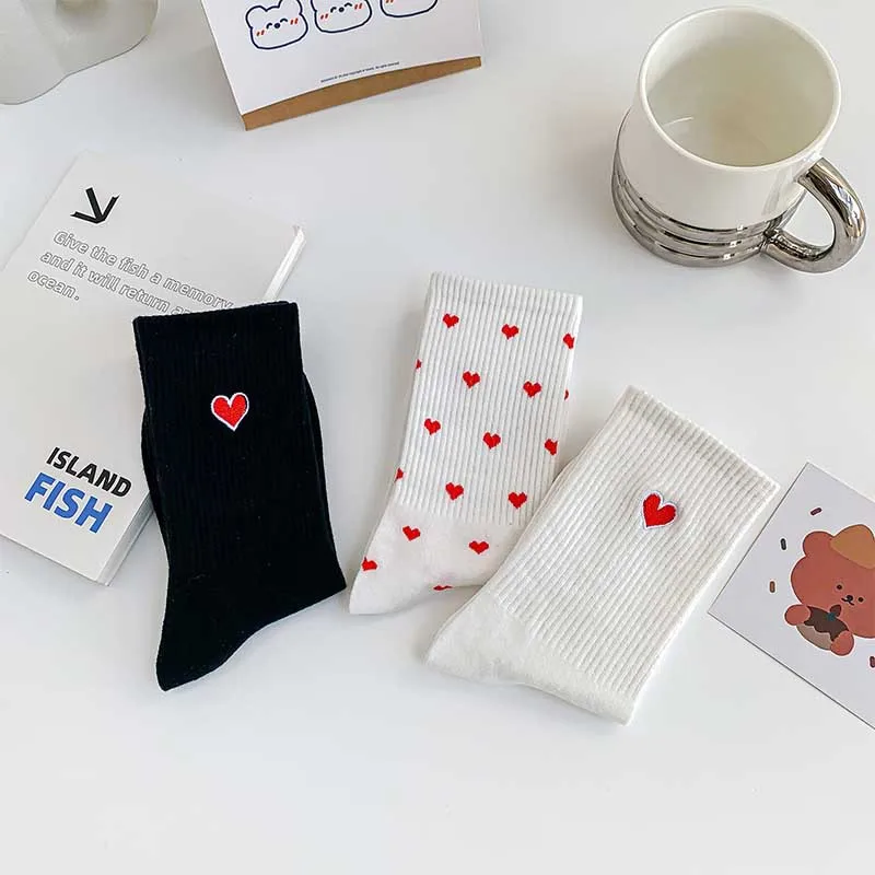 Love Embroidered Socks Women Pure Cotton Sports Short Socks White Black Gift For Girls Ladies Harajuku Kawaii Calcetines Mujer