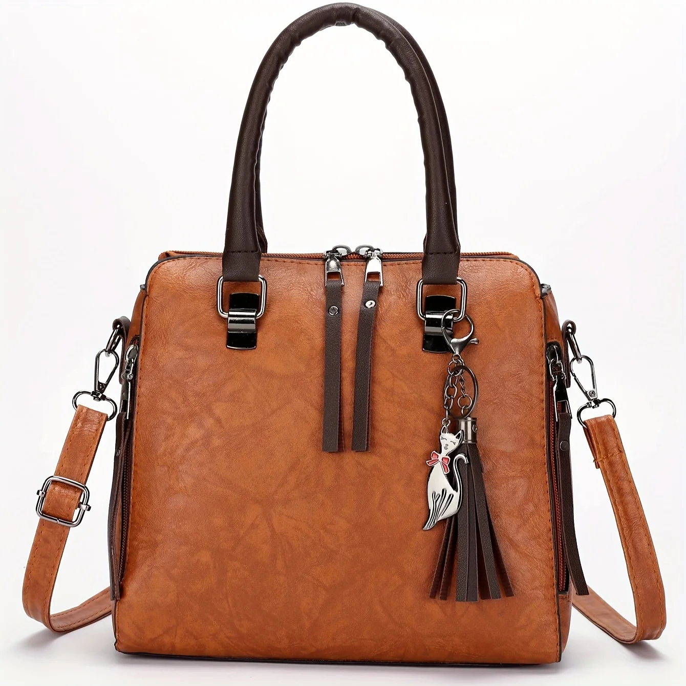 4pcs Faux Leather Bag Set, Stylish Tassel Decor Handbag & Crossbody Bag & Clutch Purse & Card Holder