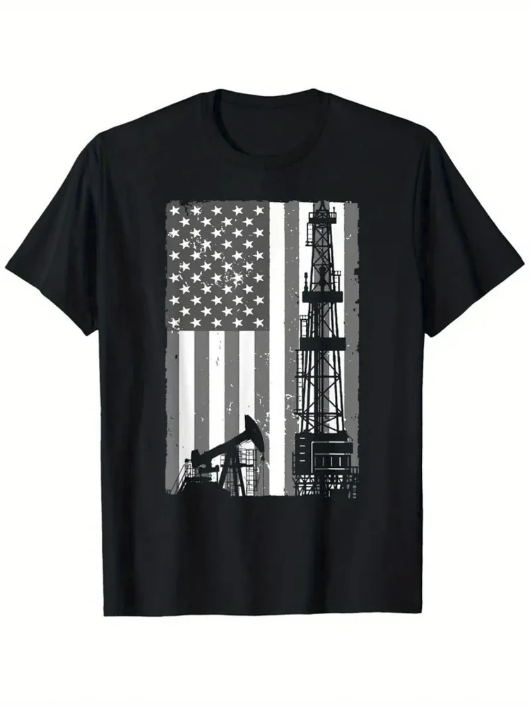 

Vintage Industrial Oilfield Graphic-American Flag&Drilling Rig Design-100%cotton short sleeve O-neck printed men's T-shirt.