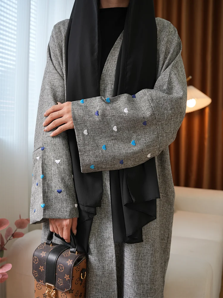 Abaya de lino abierto con bordado de Luna y corazón para mujer, conjunto musulmán holgado con manga de murciélago, vestido interior sin velo, 2024