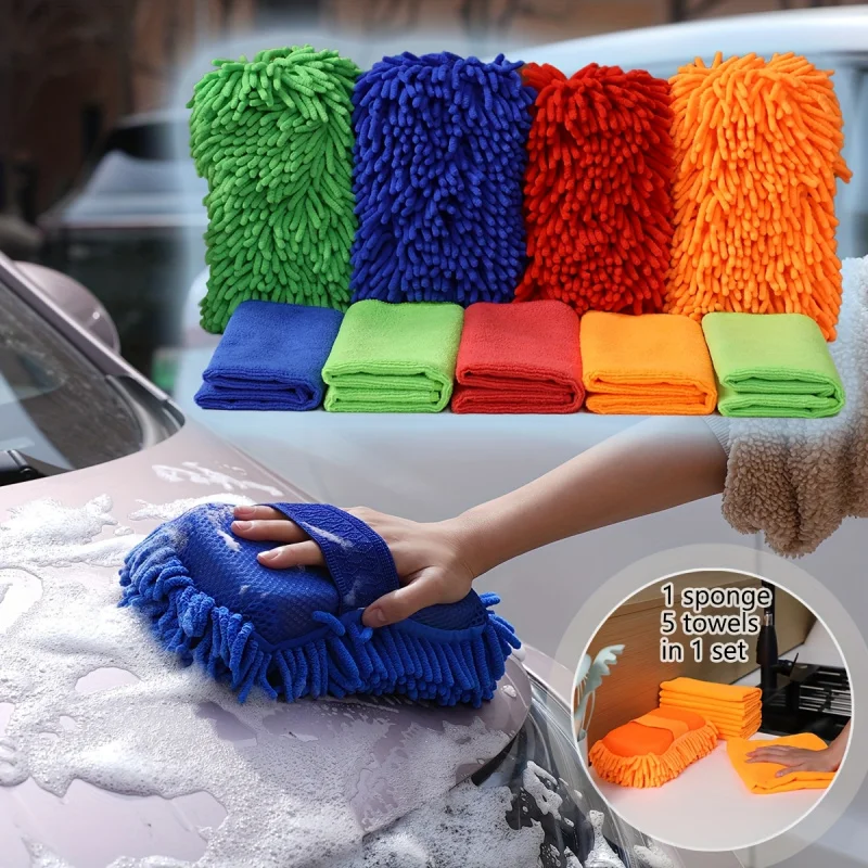 Car Cleaning Cloth5Striped Super Absorbent Microfiber+6Car Wash Sponge Gloves No Scratches Reusable Cleaning Supplies