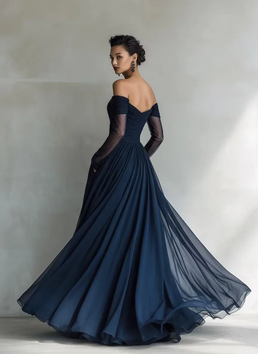 Verngo Navy Blue Tulle Evening Dress Off The Shoulder Full Sleeves A Line Pleated Prom Gown Women Party Gown Customized image 2