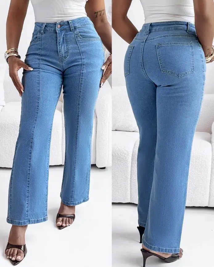 Women Jeans Personalized Street Style Fashion Seam Front High Wait Straight Leg Denim Pants Casual Zipper Fly Jeans with Pockets