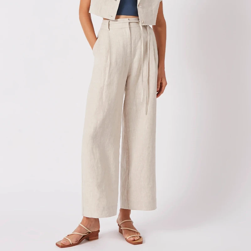 100% Linen Women Straight Trousers Spring Summer New Office Ladies Casual Loose Wide-Leg Pant Drape Cotton And Linen Suit Pants