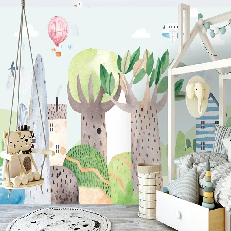 

Custom Self-Adhesive Waterproof Wallpaper 3D Cartoon Watercolor Tree Mural Children's Room Background Wall Painting