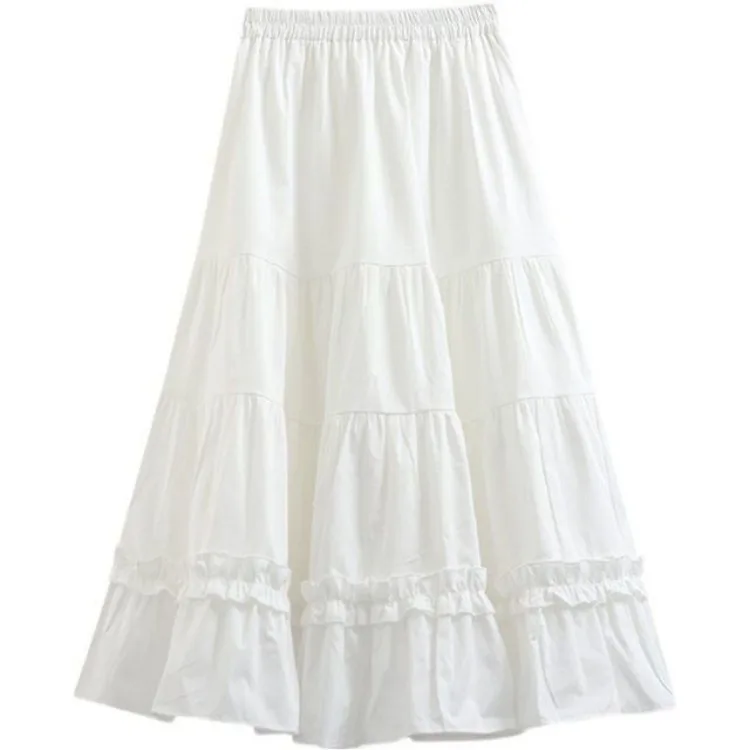 Fashion All-match Mid-length A-line Skirts for Women 2024 New White Ruched Cake Skirts Y2k High Waist Loose White  Faldas Mujer