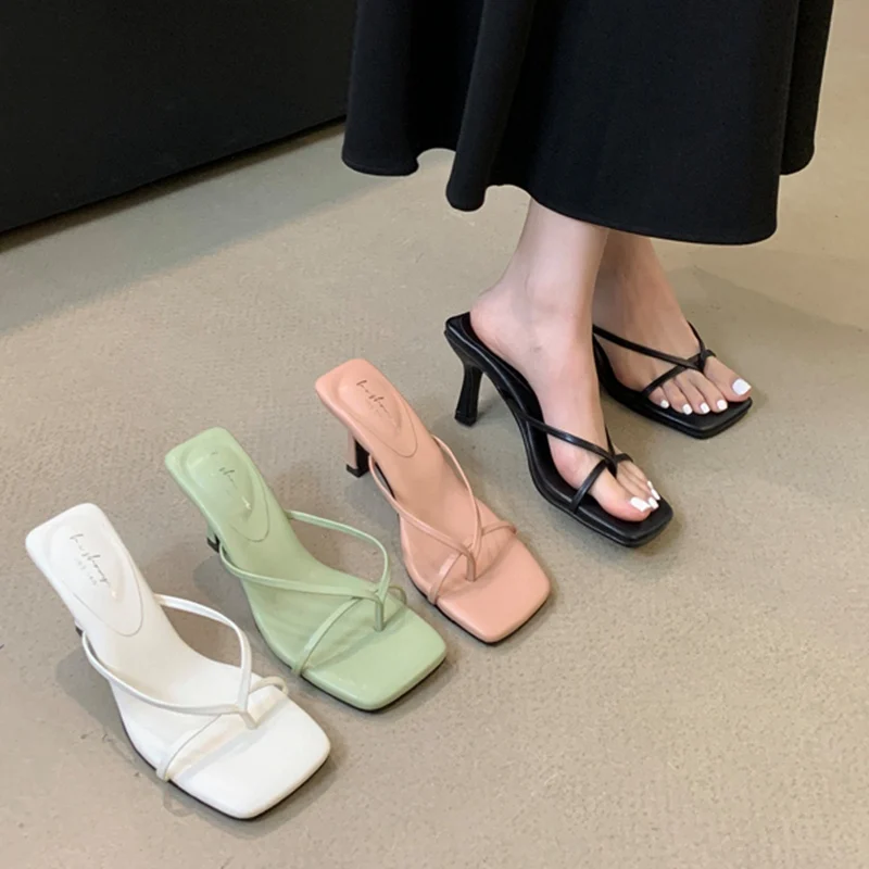 

2025 Summer High Heels Slipper Women Sandals French Style Lazy Style Narrow Band Slipper Design Slides Vacation Flip Flops Mujer
