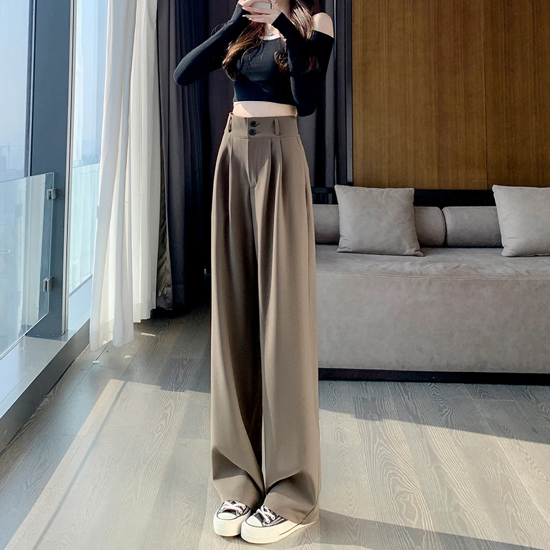High waist slimming pear shaped figure pants straight leg floor pants double button casual suit pants