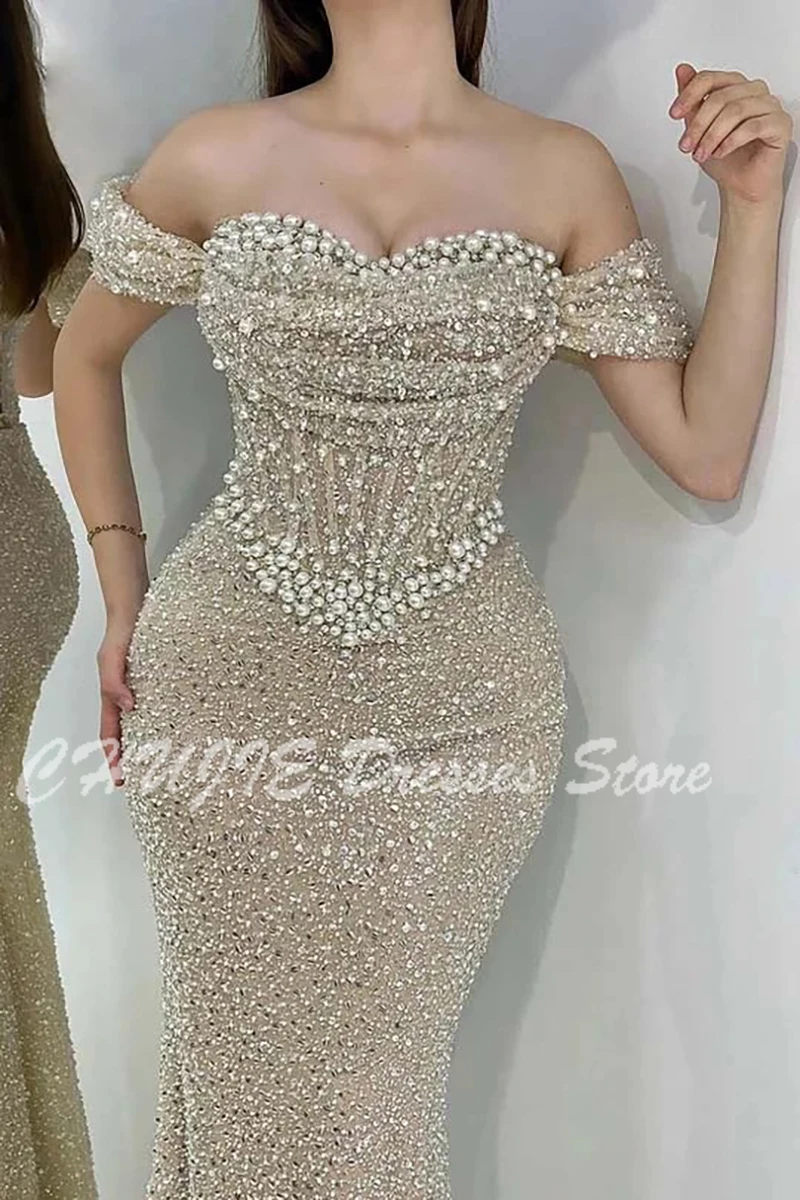 ที่กําหนดเองแขนกุดยาวประกายชุดปาร์ตี้ปิดไหล่ Sweetheart Mermaid ชุดราตรีเพิร์ลแน่นงานแต่งงานชุดเจ้าสาว