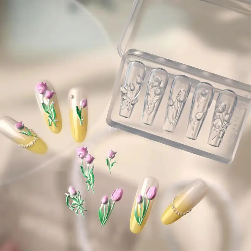 1 Stück hochtransparente 3D-Nagelkunst-Schnitzform mit Box, Schmetterlings-, Tulpen- und Lilienblumen-Vorlage für Nageldekoration – Detail 1
