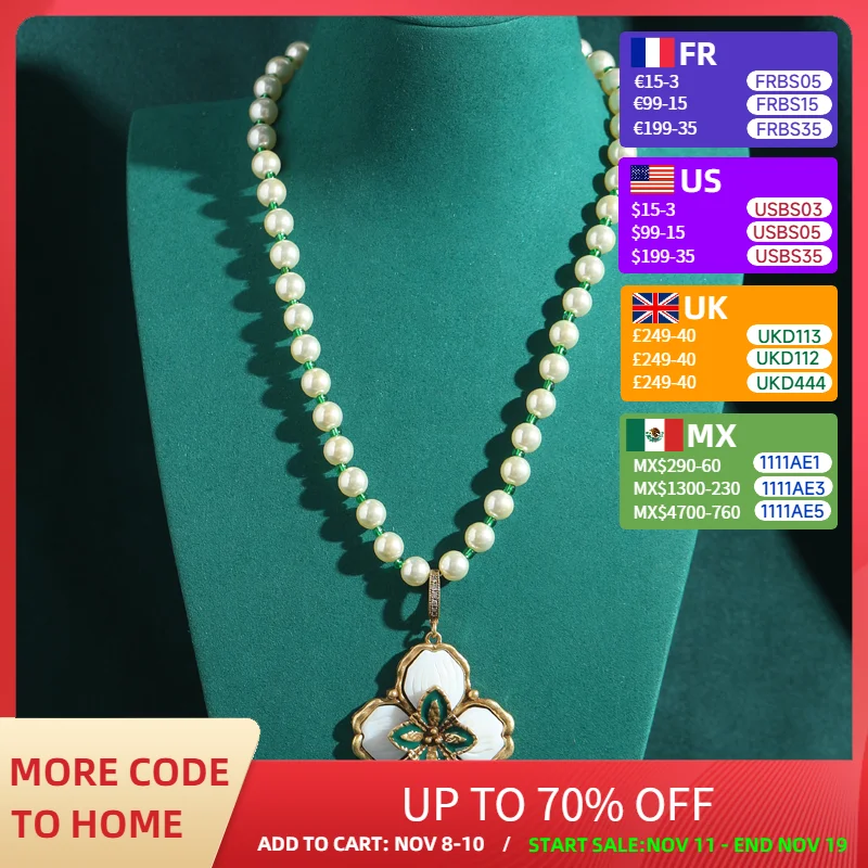 

Vintage Green Pendant Clover Necklace Leaf White Shell Pearl Beads Woman Jewelry Accessories Weddings Luxury Brand Designer Prom