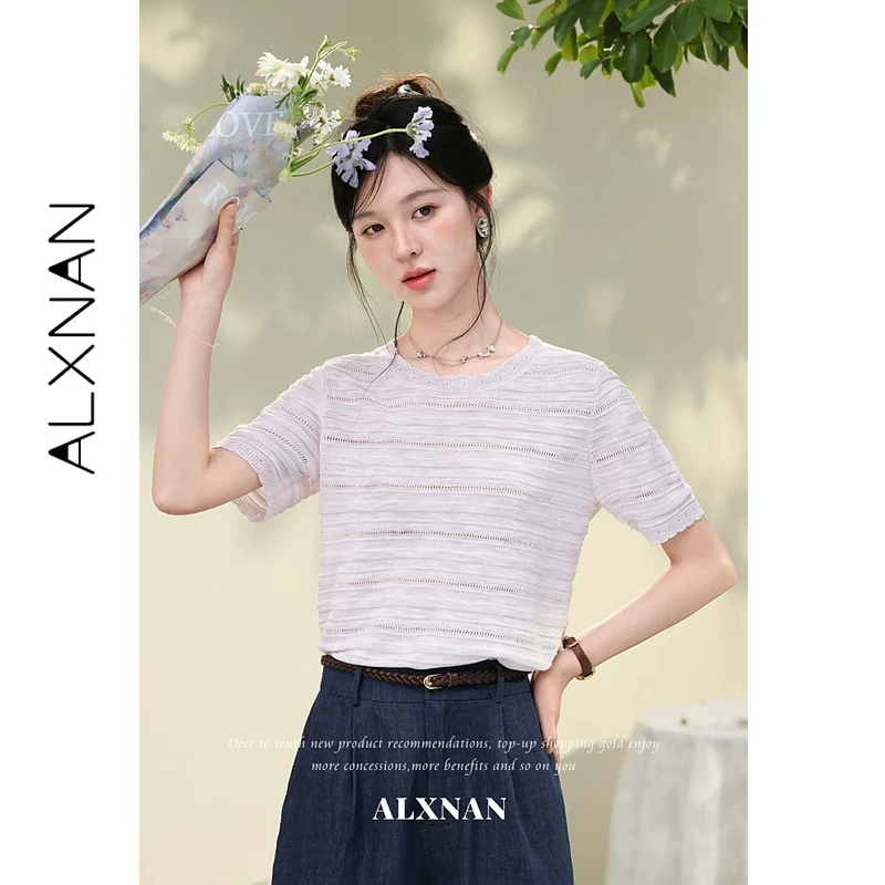 

ALXNAN Women's Knit T-shirt Crew Neck Casual Loose-fit Short Sleeve Tees Summer 2026 New Lightweight Office Commute Tops L65615